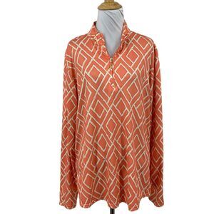 SanSoleil Top Womens XL Extra Large Orange White UPF 50 Geometric Performance